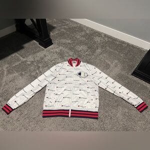 Champion White Jacket with Navy and Red Accents